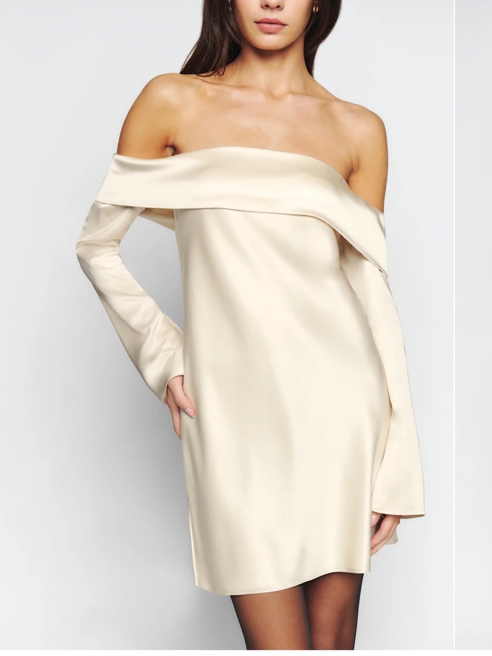 Reformation Maves Off Shoulder Satin Mini Dress Naia Renew Cream Small